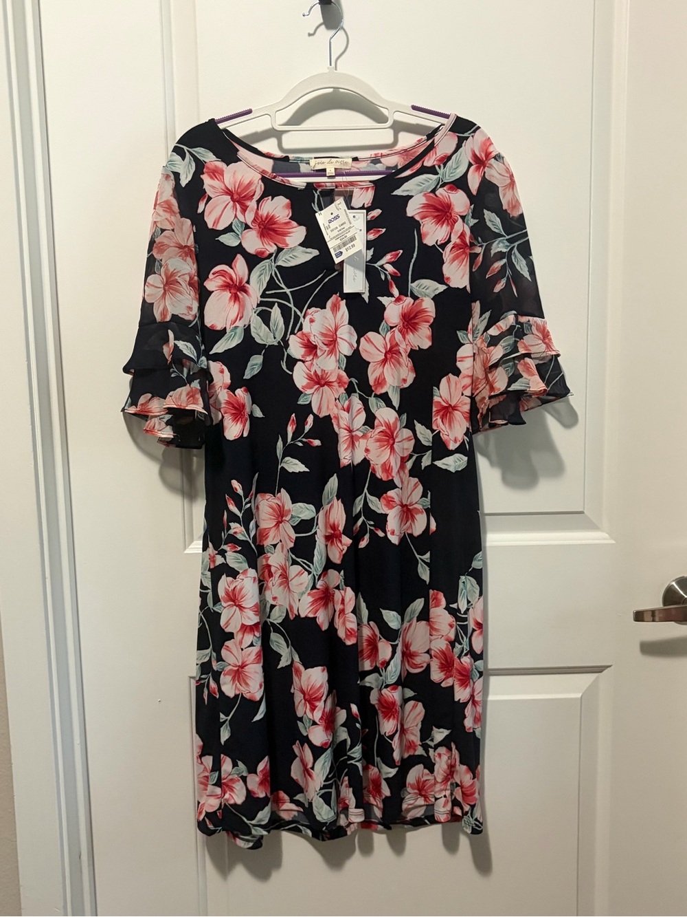 Floral Ruffle-Sleeve Midi Dress in Navy with Pink Blooms
